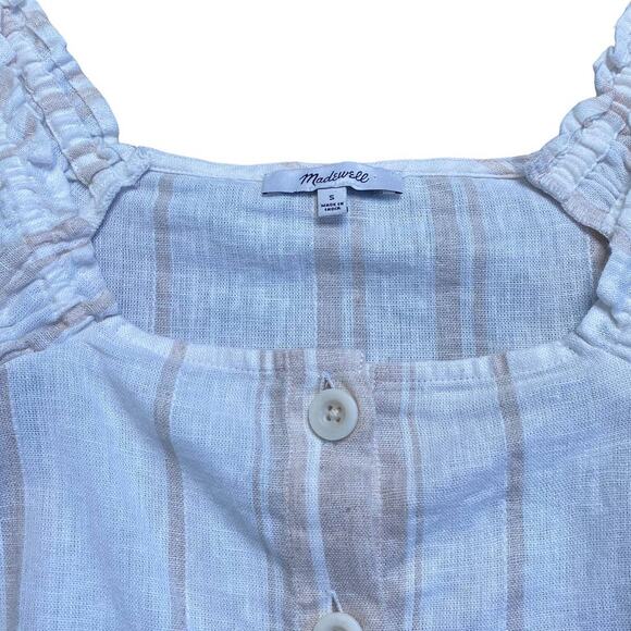 Madewell Square Neck Striped Linen Top with Raw Hem Sleeves Small Button Down - Picture 6 of 7